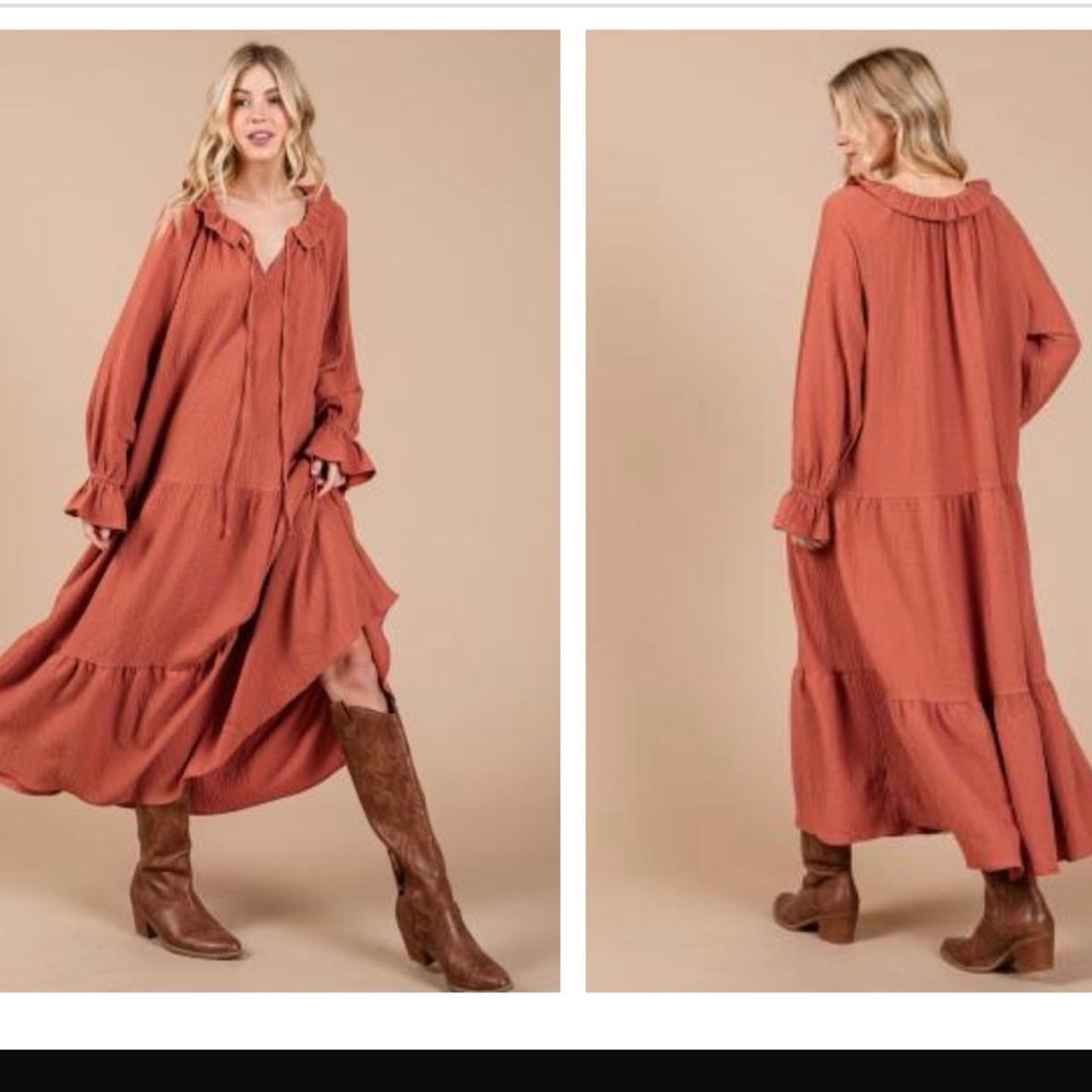 ShopEvelynne Rust Long Sleeve Tiered Maxi Dress - Picture 3 of 4